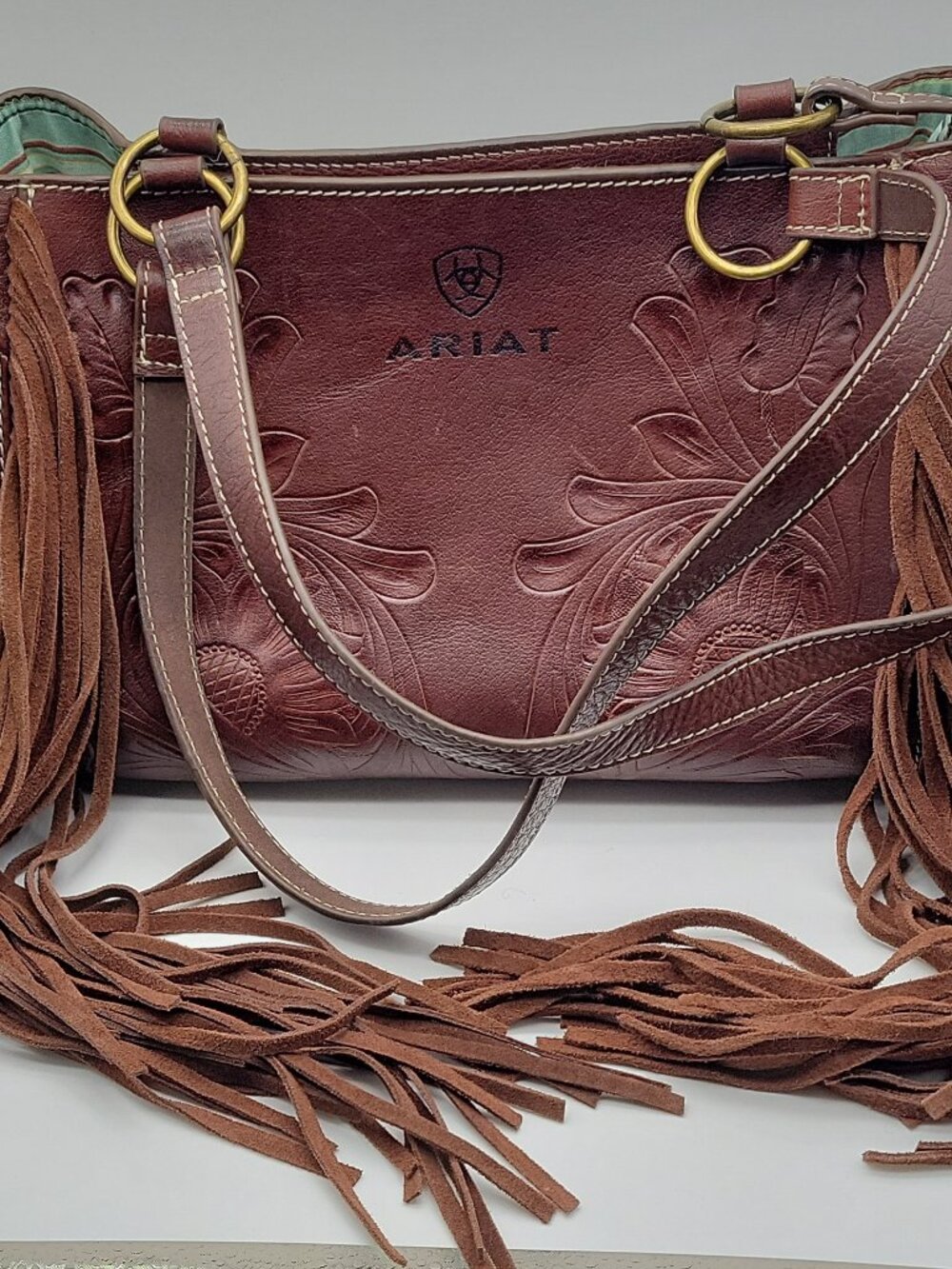 Ariat Victoria Collection Brown Tooled Leather Fringe Satchel Purse Leather hol 